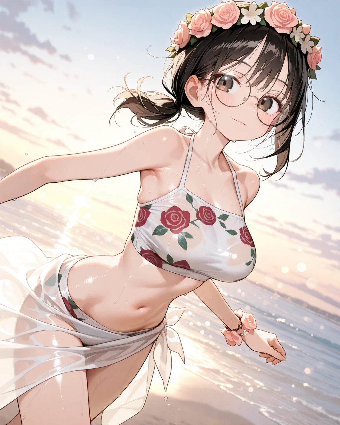 A 6-year-old girl with big breasts, plump figure, round, dressed in a baby yellow wedding dress, lace bikini, bikini with lace cutouts, on the beach, glasses and wearing a thin tulle