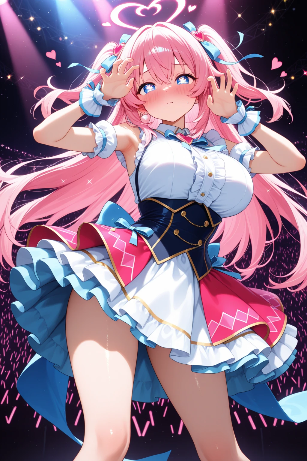 Dynamic Angle, Upper Body, One Girl, Smile, Wolf Ears, Wolf Tail, Pink Eyes, Hair Between Eyes, Wink, D Cup, Cleavage, Striped Hair, Long Hair, Ultra-Detailed Gradient Hair, Noble, Ruffled Dress, Jewels, Backstage, Best Stage, Professional Stage, Holding the microphone in one Hand, Best Smile, Singer, Vocalist: 1, Idol, Professional stage, professional lighting, live lighting, satellite view from the audience, ((((Panties, cute panties))))