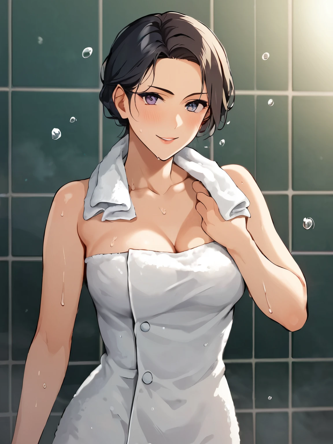 score_9, score_8_ up, score_7_ up, Anime，nsfw，A highly realistic and artistic portrait of a beautiful woman standing in a dimly lit room after a bath. She's wet , black shoulder-length hair clings slightly to the neck and collarbone, the water droplets sparkle on the smooth skin. she has only a white towel tightly wrapped around her body, emphasizes curves — soft chest slightly raised, the waist is shaped, 、one foot is visible from the end of the towel. her posture is relaxed but slightly provocative, the towel is applied to the chest with one hand、close to her thigh with her other hand The towel is being adjusted.  her expression is gentle , confident, Turing — a soft gaze that hints at both gentleness and control. Background: warm-toned bathroom or softly illuminated bedroom, The mirror is foggy、the waist is shaped. cinematic lighting, soft focus focusing on the texture of the skin, sensual realism, Elegant composition , unexplicit, the atmosphere after the shower.,，Animeスタイル，glitter，fisheye lens，glitter，