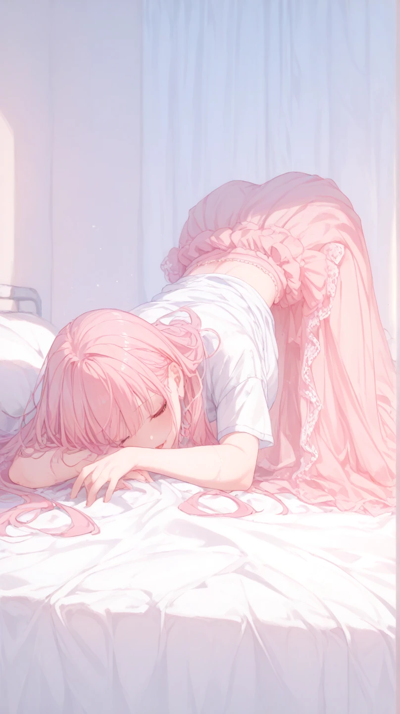 masterpiece, Best Quality, Super detailed, illustration, beautiful detailed eyes, close up, 1 girl, pink hair, White dress, door to hell , standing position, upside down camera from above