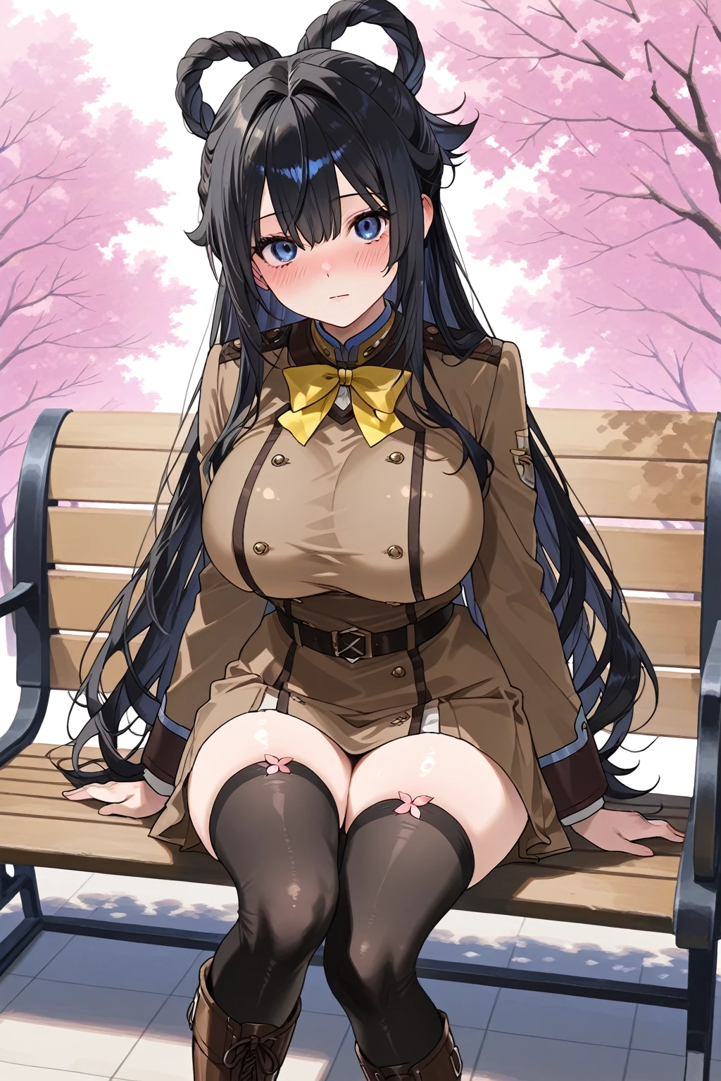 ((anime:)),,((best quality)), ((highly detailed)),(((sketch:))) extremely detailed face, beautiful face,((1girl)),((solo)),(shiny skin),(full body),(looking at viewer:1.25),alicia melchiott,(twintails),((thick thighs:1.15)),(brown hair:1.25) (headdress), ((red necktie)), (military uniform),(skirt lift:),(blue skirt), (brown gloves),(large breasts),((curvy:1.05)),(((pussy:1.35))),(((bottomless))),((outdoors:1.25)),,,((park,bench:1.5)),((sitting:1.35)),((sit on bench:1.35)),((nose blush:1.22)),(bad mood,:0.95),,, BREAK thighhighs,(blue thighhighs:1.15),,BREAK (military boots:1.15),,((spread legs:1.35)),arms behind back,from below