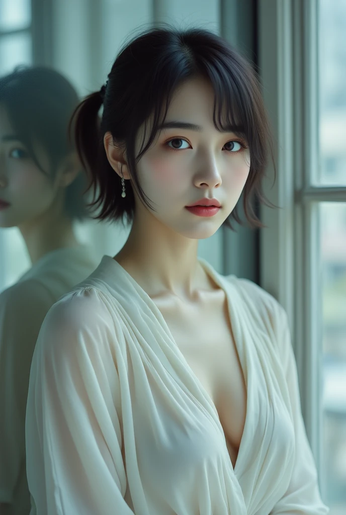 highest quality、8K、masterpiece、(Face image:1.2), (Super detailed image quaLightingy), (8k, Complex), Particles of light, Lighting, Close-up of face, Very angry、so sad、tears、(Gasp)、(Embarrassing)、(Scared)、(Very detailed:1.2), Focus on the chest, (Detailed face:1,5), alone、Watching the audience、Black Hair、Floating Hair、Small breasts, White blouse、like々A funny expression、indoor