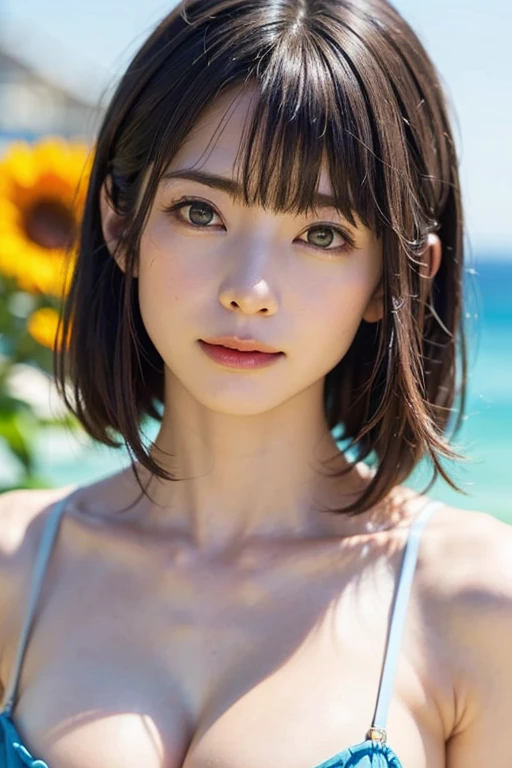 1 girl、highest quality、realistic、alone、Depth of written boundary、natural soft light、daytime、charm、beautiful face、cleanliness、pure face、white skin、cute、short hair、bangs、beach、Light of the sun、Nedium Breast Body Esbian、((セーター黄金比のbeautiful face 対称性のあるbeautiful face))、long neck、show me your ears、bangsのあるきれいな短いボブヘア、smile with your mouth closed、perfect hands指、perfect hands、perfect body、perfect face、Shine a light into your eyes、perfect anatomy:1.4、とてもcuteスーパーモデル:1.4、{Huge|big|Hugeな|mega} chest, cleavage、Smile:1.6、Very beautiful teeth:1.6