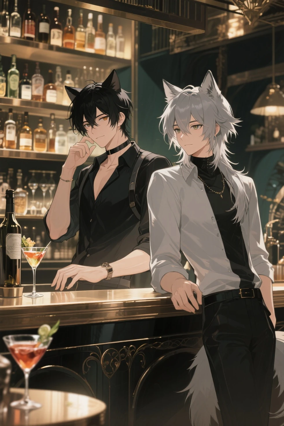 art style of mo dao zu shi hybrid character with wolf ears,masculine and dominant gender, short wolfcut white hair , purple raven iris eyes,pale skin,mature appearance and pale body, thin and delicate. Do it in a wooden bathtub with hot water with a smile wearing underwear