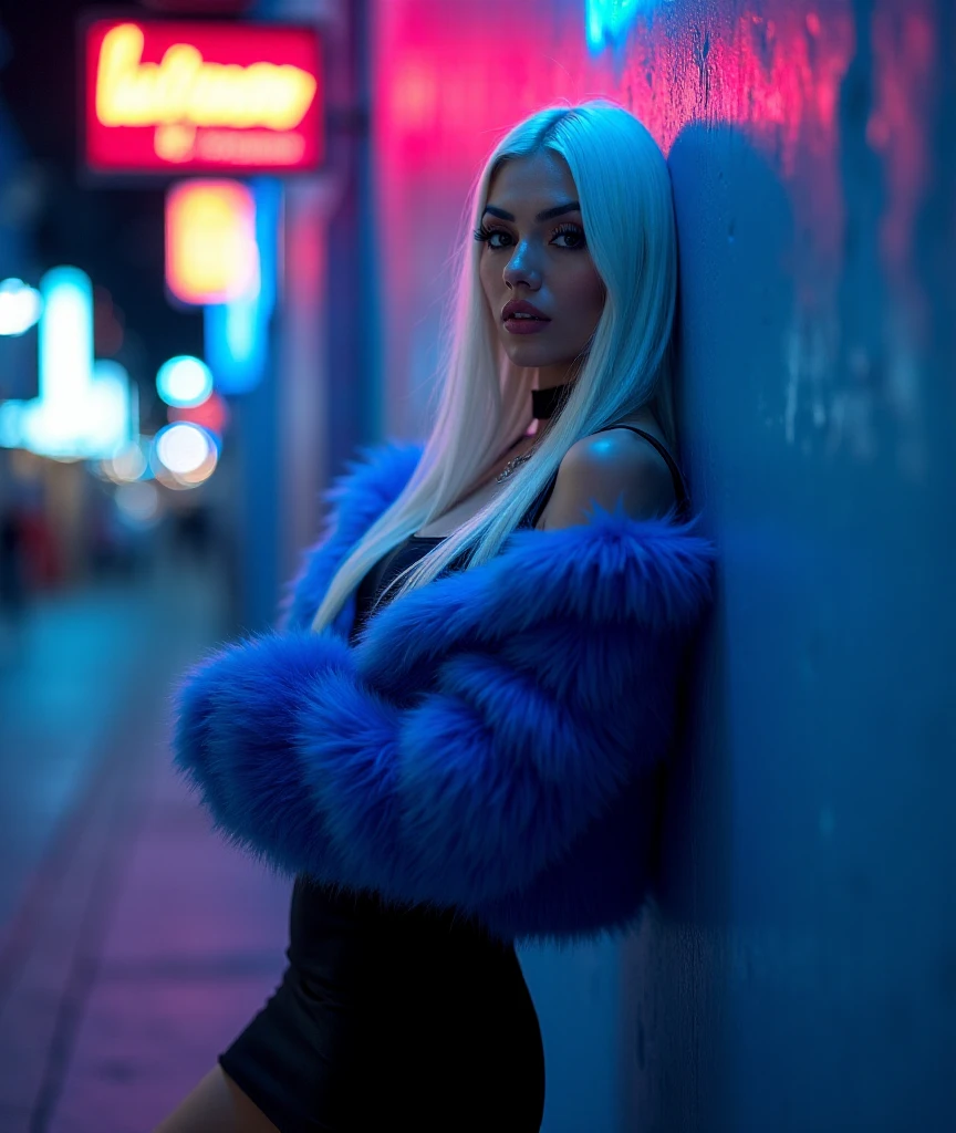 A girl with long straight white hair,she's going to wear a diamond outfit similar to what Lady Gaga wore in Paparazzi,I want her wearing acrylic stilettos,she's on a road at night standing up with a blue light above her,and I want her very sexy and distant so you can see her whole body,I want her wearing a long blue fur coat,I want her to be beautiful like a model and with a thin waist,make her squat and she would be looking forward with her hands on her knees