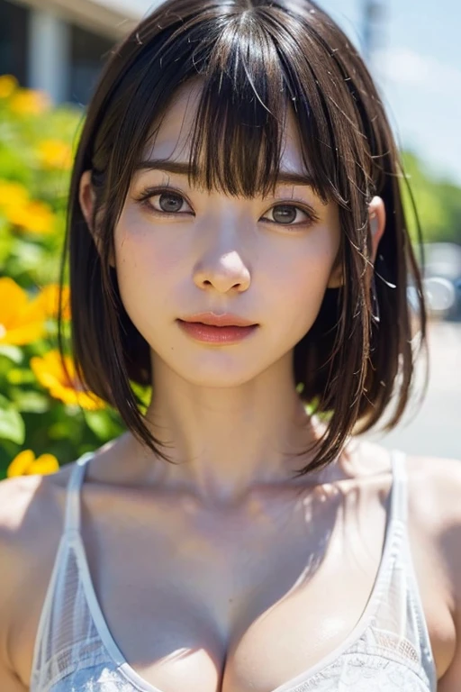 1 girl、highest quality、Realistic、alone、Written boundary depth、Natural soft light、Daytime、charm、Beautiful Face、Cleanliness、Pure Face、White skin、cute、short hair、bright hazel eyes:1.9、Beautiful Lips、bangs:1.6、Beach、Light of the sun、Nedium Breast Body Esbian、((黄金比のBeautiful Face、 対称性のあるBeautiful Face))、Long neck、show me your ears、Stick out your ears。bangsのあるきれいな短いボブヘア、smile with your mouth closed、Perfect hands指、Perfect hands、Perfect body、Perfect Face、Shine a light into your eyes、Perfect Anatomy:1.6、とてもcuteスーパーモデル:1.6、{Huge|big|Hugeな|Mega} chest, chestの谷間、smile:1.6、Very beautiful teeth:1.6、Turn your face slightly to the side、Staring at the audience