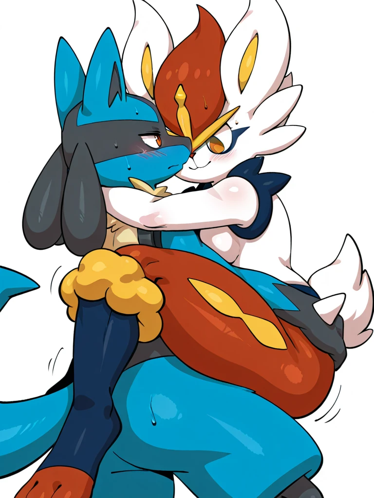 male/female duo, score_9,score_8_up,score_7_up, anthro female cinderace, naked, nipples, vagina, anthro male lucario, penis, sitting, blowjob, cum.