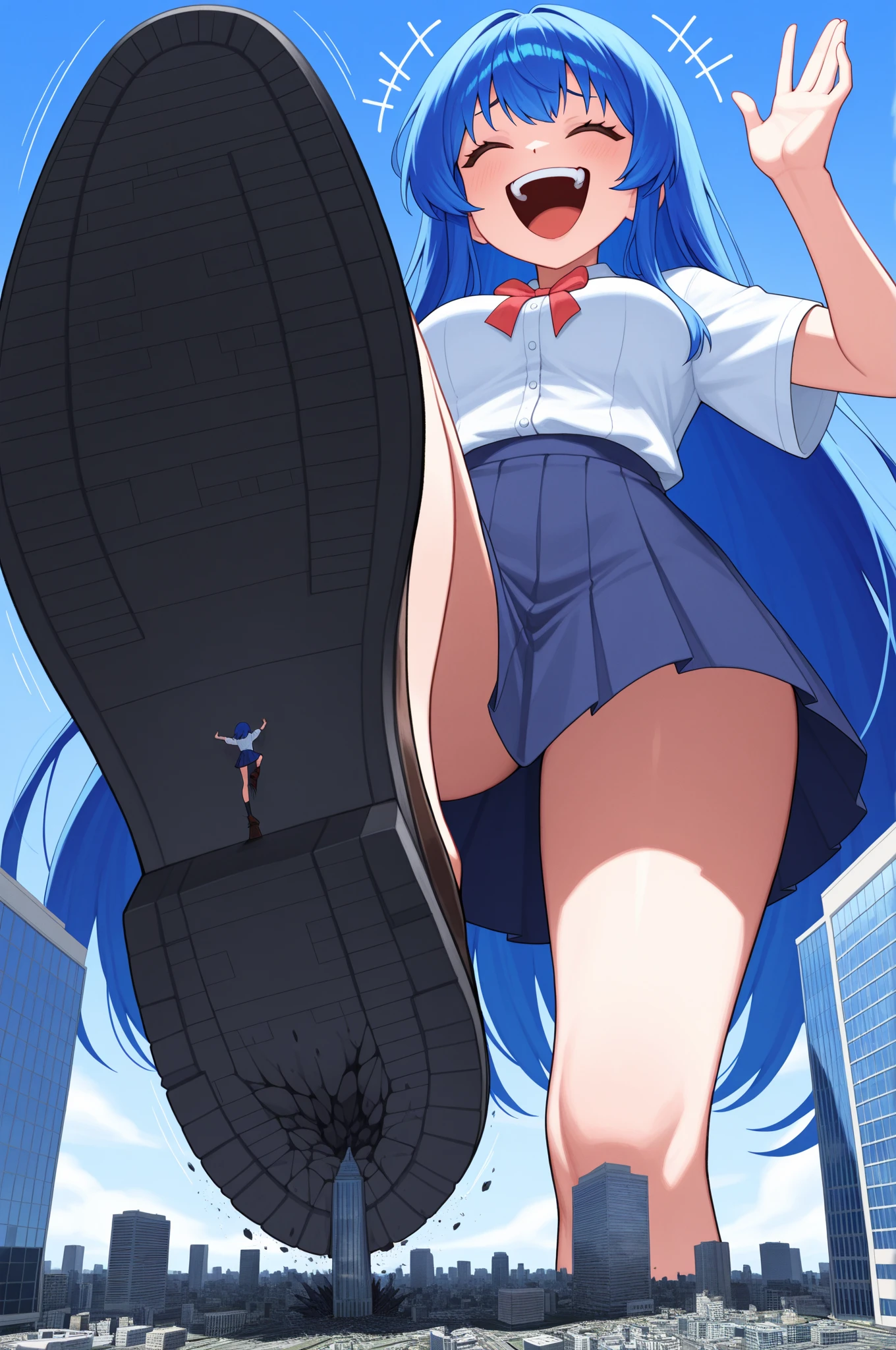 huge,Teenage girl,short skirt,teasing,A giant girl taller than a building,Wearing white knee-high socks,Sitting on the roof of the building,The view from the rooftop,Close to the perspective of fat,Toyed around,low angle of view,shrouded in the villain,Lifted up the skirt,arroganthuge,Bluish blue hair,Big blue cat ears,Teenage girl,short skirt,Teasing the villain,A giant girl taller than a building,arrogant,Wearing white panties,