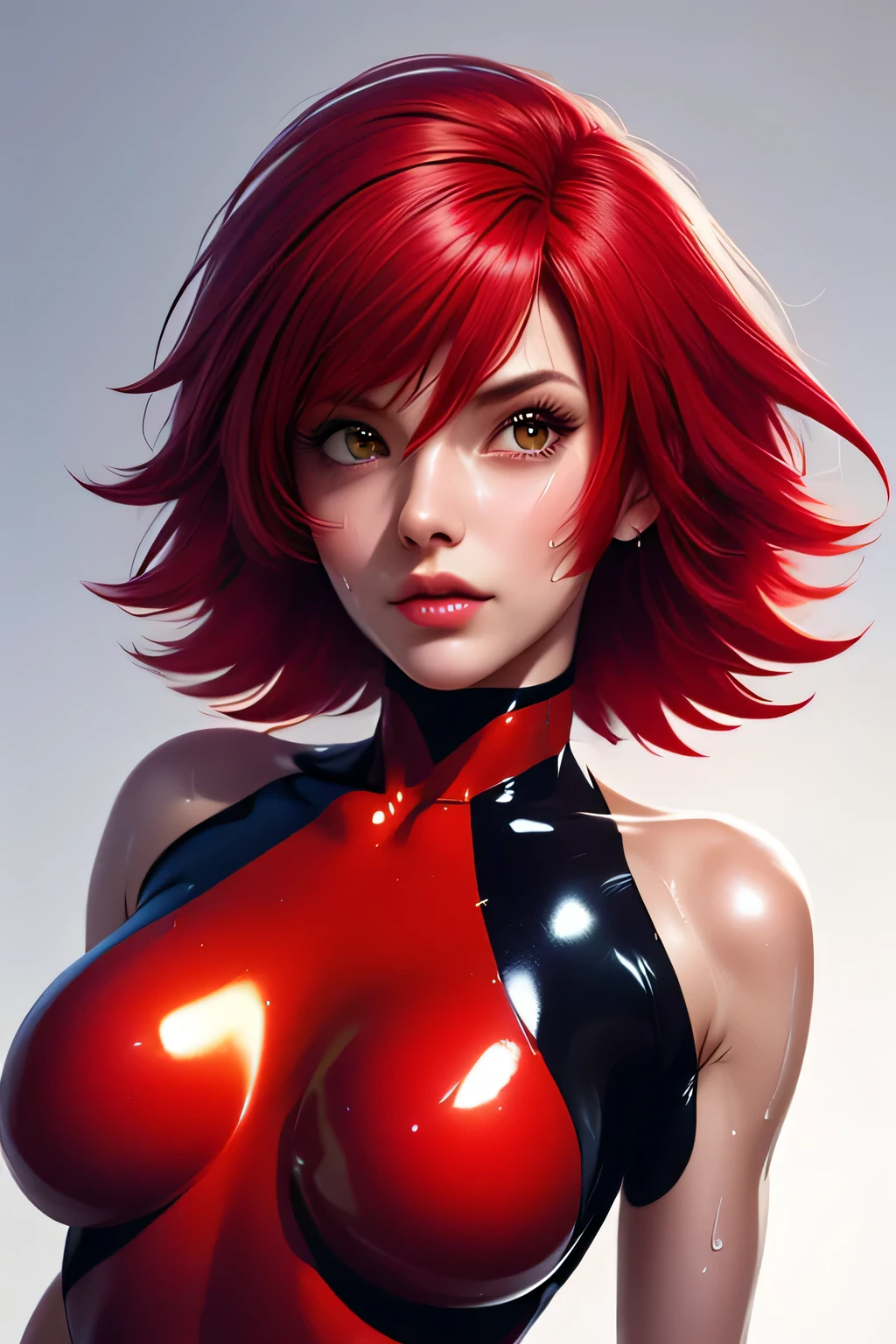 [Core Concept] Captivating portrait of a beautiful woman in a lightly transparent white swimsuit.

[Character Description] A stunningly attractive woman with a coy smile, captivating cyan eyes, and long, vibrant red hair. Her slender, toned physique is accentuated by delicate tattoos adorning her body.

[Environment/Background] The woman is depicted in a full-body composition, with her wet skin glistening under the sunlight.

[Style and Atmosphere] The image exudes a sensual, alluring atmosphere, with a focus on the model's captivating beauty and natural charm.

[Composition] The composition places the woman at the center, showcasing her entire body in a visually appealing and balanced arrangement.

[Details and Embellishments] The transparent swimsuit and the model's wet, glistening skin add a touch of subtle eroticism to the scene, while the tattoos and her coy expression contribute to her captivating presence.

[Technical Specifications] The image is rendered in high-quality 4K resolution, with exceptional attention to detail and a superior level of quality.
