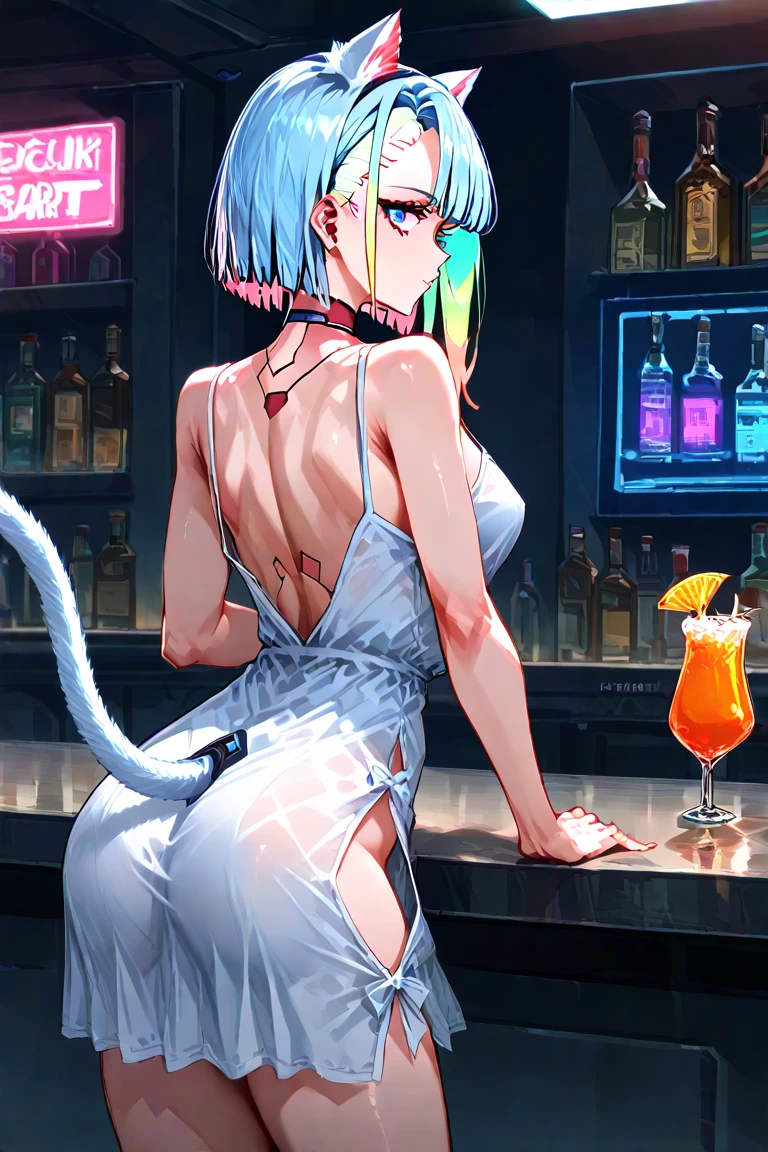 detailed, aesthetic, beautiful, beautiful color, amazing quality, best quality, cyberpunk city, neo lights, night, 1girl, white hair, blue eyes, translucent dress, solo, long hair, smoking, beer