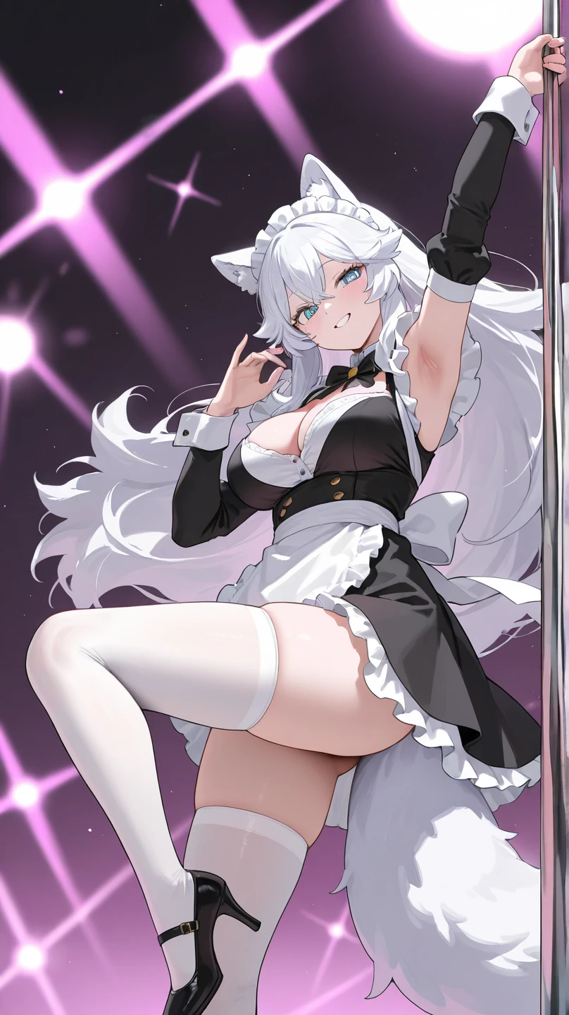 (tuxedo jacket), (white leotard), smiling(short height)(young girl), (black bunny ears), (huge round breasts)(big boobs), narrow waist, belly button, small hips, (bare hips), (thin legs)(bare legs), (thin thighs)spread, (white high-heel), (silver ponytail)(white ribbon), (Highly Detailed CG Unity 8K Wallpaper) (Better Quality) (Better lighting)