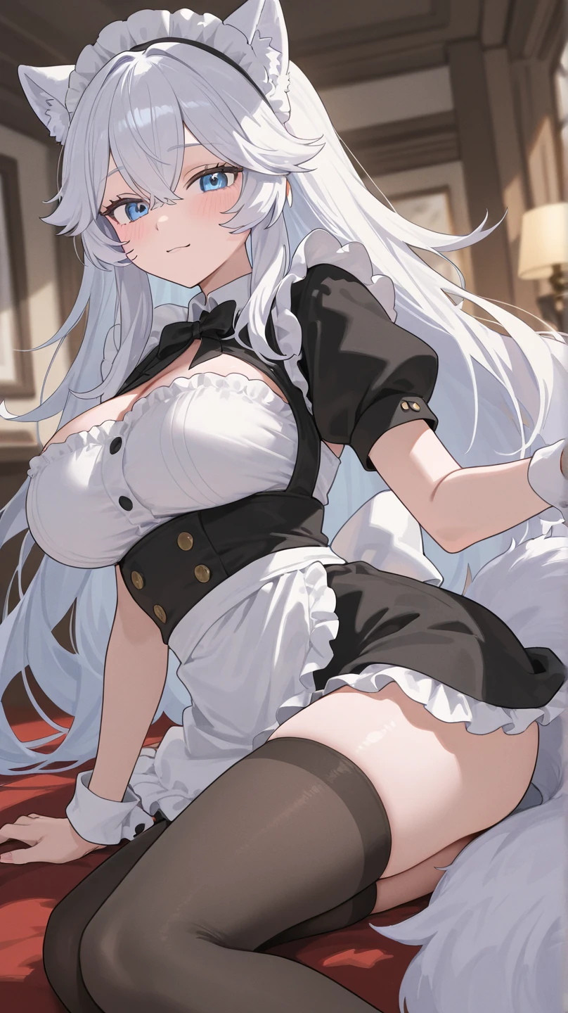 Busty maid with a mean grin lifts her skirt to show off her thick thighs