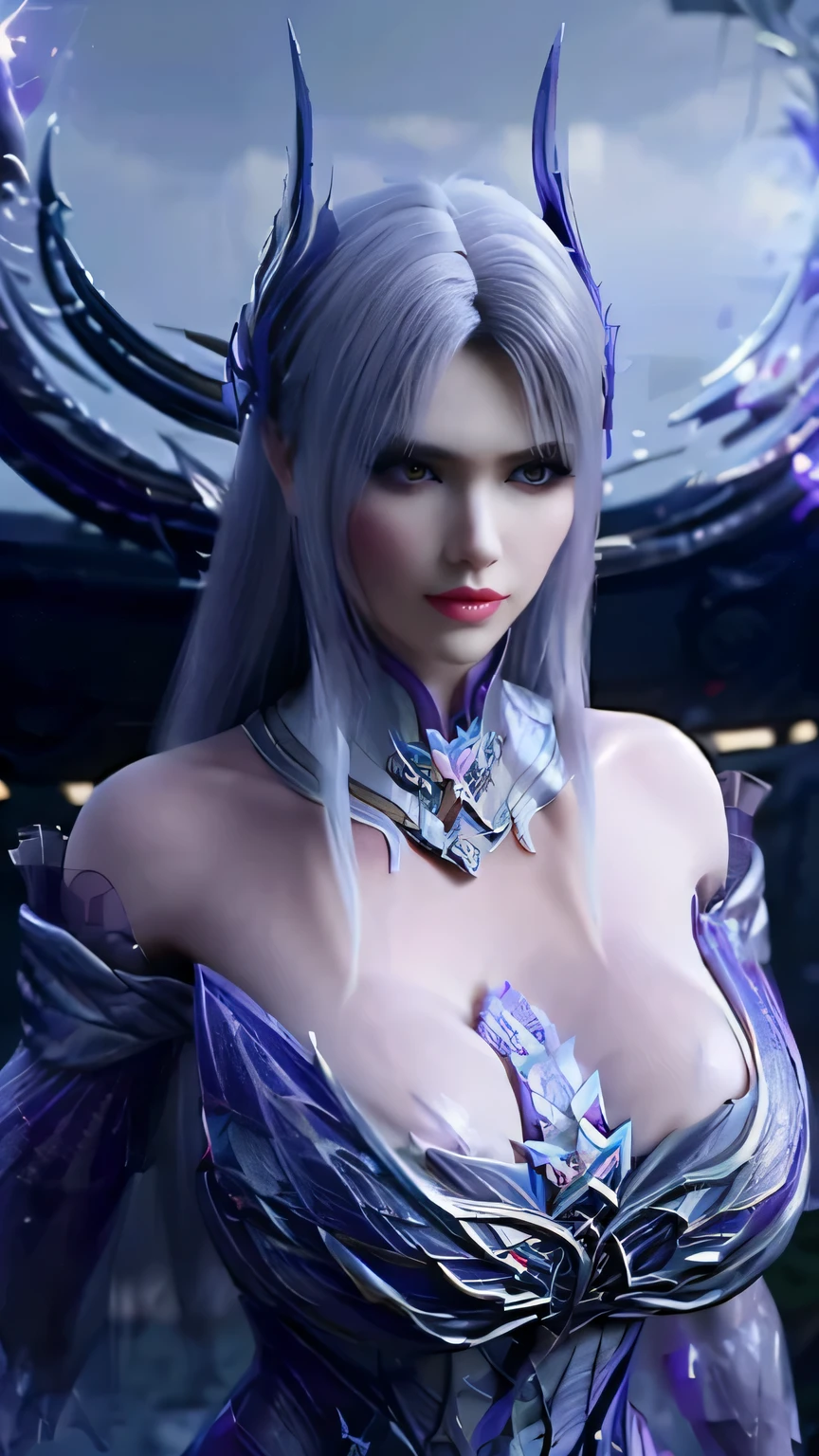 A BUSTY MILF, CLOSEUP UPPER BODY,SOLO, ((DRAGON MECHA HORN,DARK LONG HAIR)), ((GIGANTIC FAKE BREASTS,DEEP CLEAVAGE:1.4)), ((WEARING OUTFIT SILVER, PURPLE, CRIMSON DRAGON MECHA TRANSFORMERS SKIMPY ARMOR:1.5)), (MUSCULAR BODY SHAPE:1.5), (CLEAN GLOSSY BODYSKIN:1.3), (LOOKING AT VIEWER:1.6), (BACKGROUND FUTURISTIC SPACE STATION:1), (PHOTOREALSITIC:1.4), (ULTRA-DETAILLIERT), (TOP-QUALITY), (BEST SHADOWS), BRIGHT LIGHT IN ROOM, HYPER TEXTURE, (4X MSAA), ((UNREAL ENGINE 5 RENDER)), (NEON), PHYSICALLY-BASED RENDERING, ULTRA HIGHT DEFINITION, 16K, 1080P.