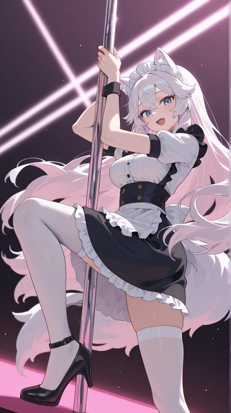 Tsundere 18 year old girl, beautiful and delicate eyes, beautiful lips, Highly detailed eyes and face, long eyelashes, 1girl, white cat ears,foot long bag, Front view, red eyes, (best quality, 4K, 8K, high resolution, masterpiece:1.2), Ultra-detailed, (realistic, realistic, realistic, realistic: 1.37), big bust, Scythe, elegant, fantasy, soft lighting, white background,holding a weapon, maid uniform, Showing armpits,