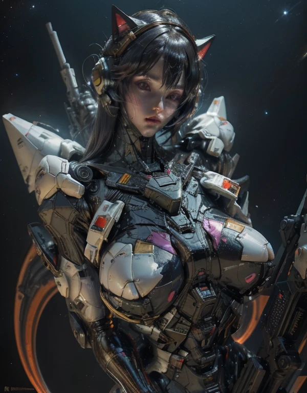 beste Quality、masterspiece、ultra-highres、(photorealestic:1.4)、Raw photo、女の子1人、Black hair、glowy skin、1 Mechanical Girl、((ultra realistic details))、portlate、Global Illumination、Shadow、Rendu octane、8K、ultrasharp、Giant tits、Raw skin is exposed in cleavage、metals、Details of complex ornaments、Gundam details、Matsumoto Meter、vacuum tubes、Nixie Kan、Oil pressure gauge、Glass Kan、Analog Meter、cogs、gear、Golden hydraulic cylinder、high intricate details、Realistic light、CGSoation Trends、violet colored eyes、shinning eyes、Facing the camera、neon details、Mechanical limbs、blood vessels connected to tubes、Mechanical vertebrae attached to the back、mechanical cervical attaching to neck、sitting on、Wires and cables connecting to the head、Gundam、Small LED lamp、Luminous tube、