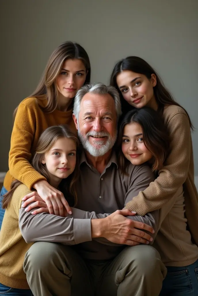 a father with his 5 realistic brunette daughters
