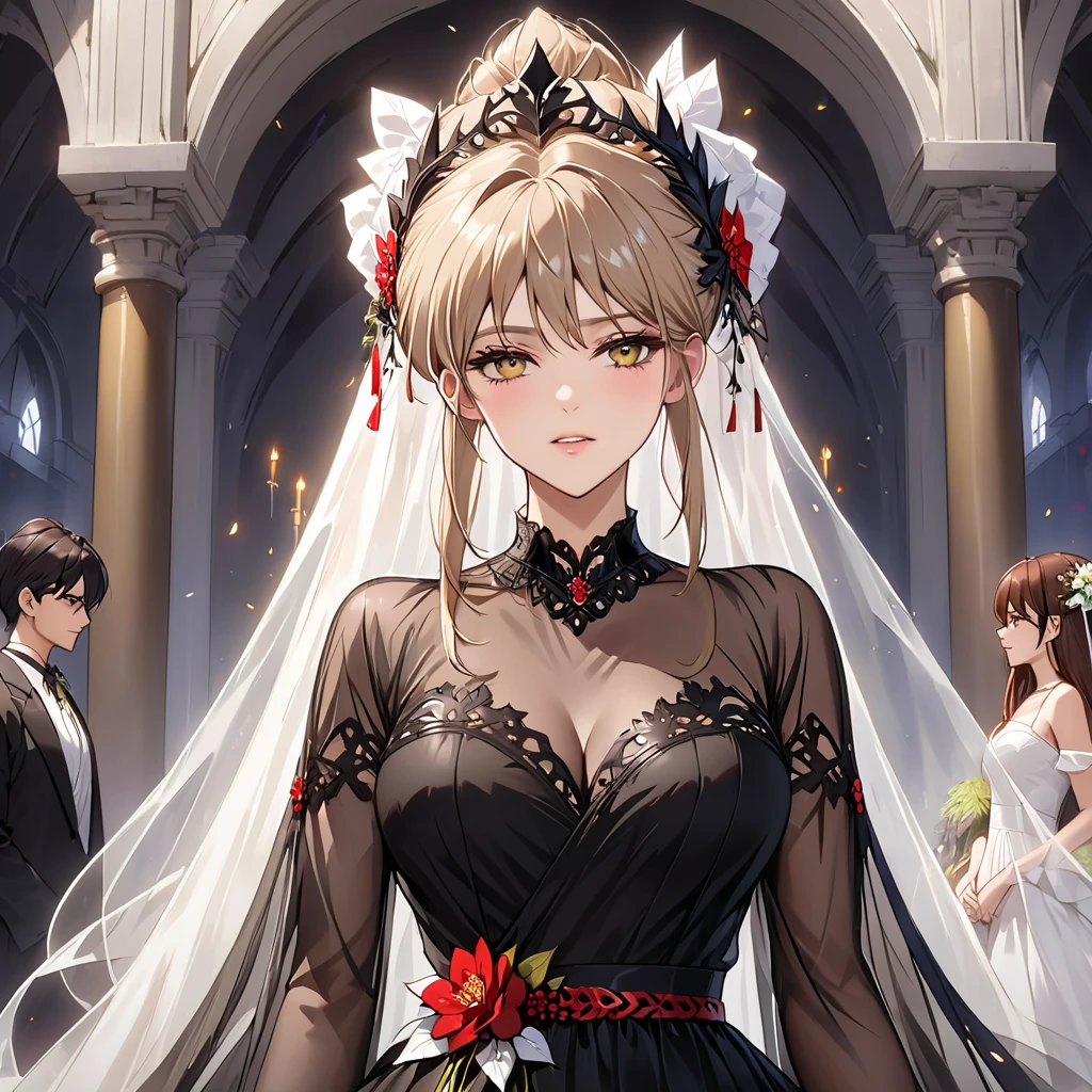 ((Highest quality)), ((masterpiece)), (detailed), (Perfect Face)、The woman was Princess Leona, with long light brown hair and a gorgeous, bewitching black wedding dress and wedding veil.、In a luxurious church wedding hall, a woman is getting married to an evil emperor dressed in a dignified and powerful black outfit.、The woman has long hair