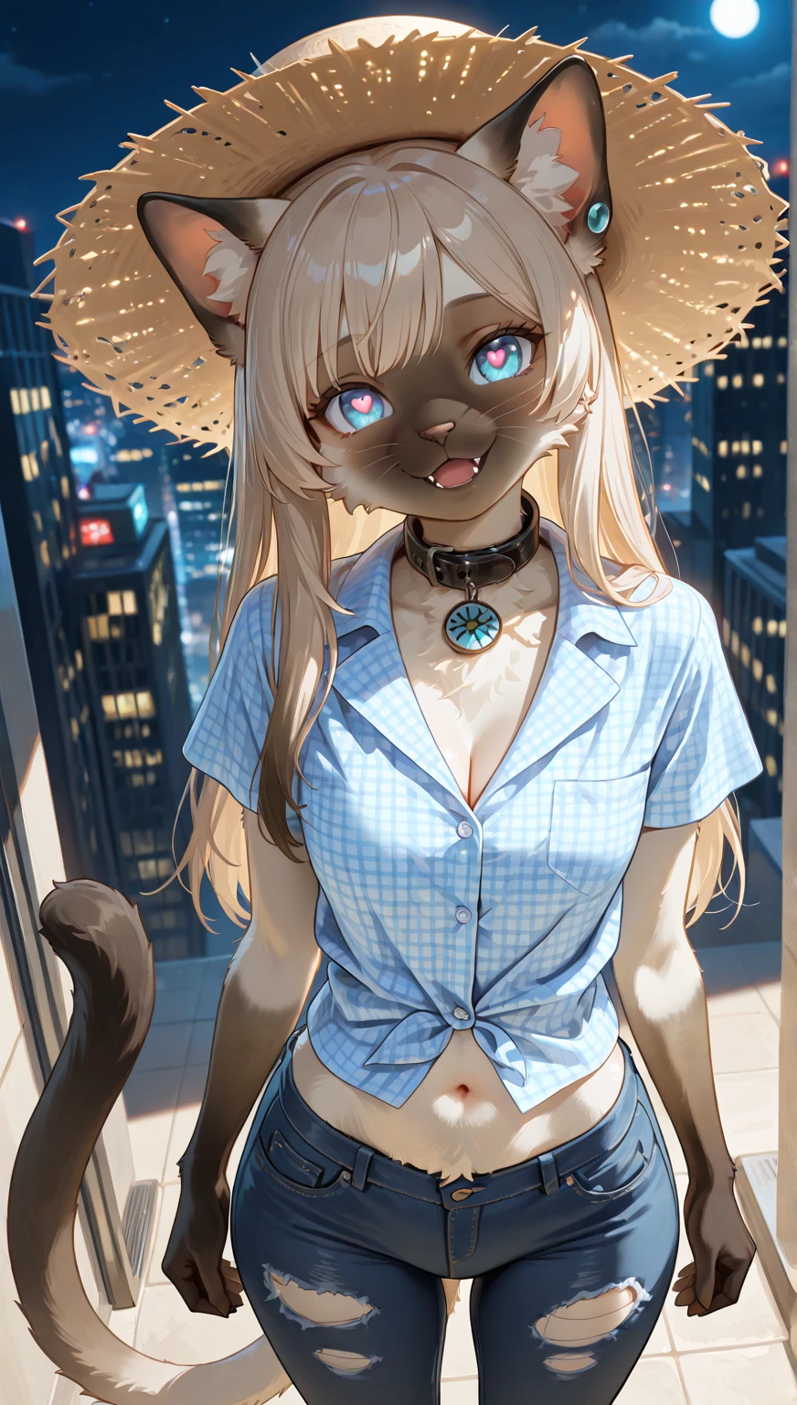 absurdres,highres,1girl,solo,furry,flora,Flora,tiger fur,orange fur,white fur,brown hair,<lora:Char - Flora:0.8>,cowboy shot,detailed face and eyes,crop top,jeans,detailed background,city,night,