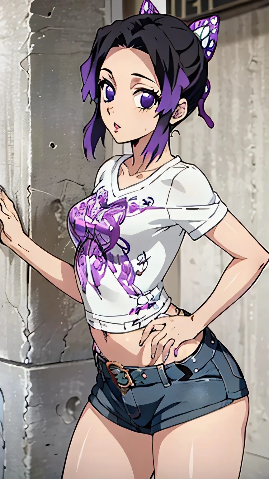 (masterpiece, best quality, high resolution, 8k:1.2), (anime coloring:1.2), 1girl, high resolution, unity 8k wallpaper, (beautiful detailed eyes:1.2), extremely detailed face, perfect lighting, extremely detailed CG, beautiful eyes, perfect eyes, detailed eyes, distinctive big highlights, symmetrical eyes, Purple Hair, Short Hair, (large butterfly hair clip), Pretty Parted bangs, purple eyes, narrow eyes, (slim:1.3), (small medium breasts:1.2), 
(cowboy shot:1.2), (sexy pose:1.2), (perfect hands, perfect anatomy), solo,  nffsw, (pattern shirt, white t-shirt, denim shorts, belt), (street corner, summer sky), looking at the viewer, in the center of the image, (cowboy shot:1.2), dutch angle,
