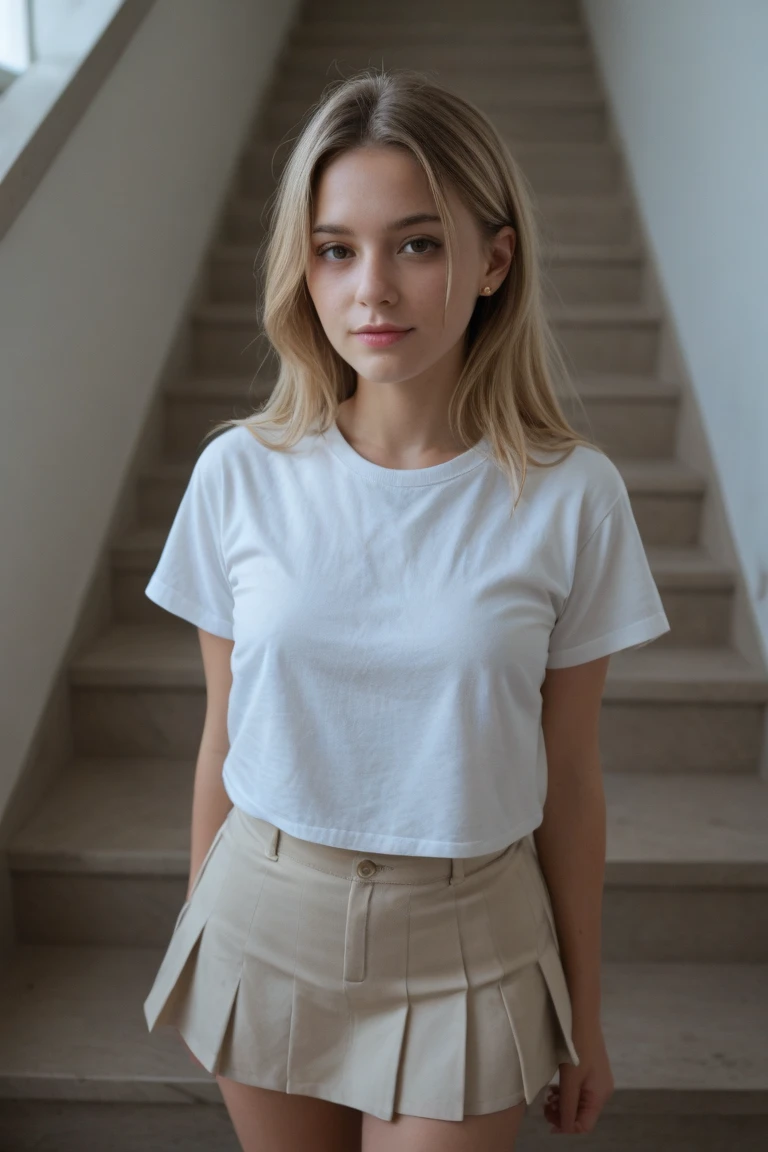 High resolution photo frontal fullbody of a woman that has a radiant oval faces high resolution photo frontal fullbody of a woman that has a radiant oval face striking and captivating appearance that exudes elegance and Charm. She ((wear a loose white t-shirt, short sleeve t-shirt)) You have much time, blonde hair up, agregando un toque de Charm a su apariencia general. His eyes are a fascinating light yellow shade.., reminiscent of honey, and shine with intelligence and warmth. Carolina's features are perfectly balanced., with an elegant nose and softly defined cheekbones. Her smile is radiant and contagious.., iluminando la habitación cada vez que She entra. Her lips are naturally full and pink.., añadiendo un toque de Charm a su ya cautivadora presencia. Carolina takes great care of herself, Maintain a flawless complexion that glows with a healthy glow. His skin is soft and has a warm tone., golden background, further enhancing its natural beauty. Carolina is known for her impeccable sense of style.. She exudes confidence and sophistication, effortlessly achieve a variety of fashion looks. Her wardrobe is a carefully curated collection of elegant and chic pieces... If she is dressed in ((loose t-shirt, short sleeve t-shirt)), or casual but modern streetwear, She siempre se las arregla para lucir arreglada sin esfuerzo. She has a knack for personalizing, She often opts for statement jewelry that adds a touch of glamor to her outfits... Regarding body type, Carolina has a slender and statuesque figure. She has an elegant and confident posture.., lo que acentúa su Charm general y su presencia magnética.. In general, Carolina Mendes is a vision of beauty, Charm, and sophistication. With its captivating appearance and radiant personality., She llama la atención sin esfuerzo y deja una impresión duradera en todos los que conoce --style raw --ar 3:4 - in 6.0 denim pants
