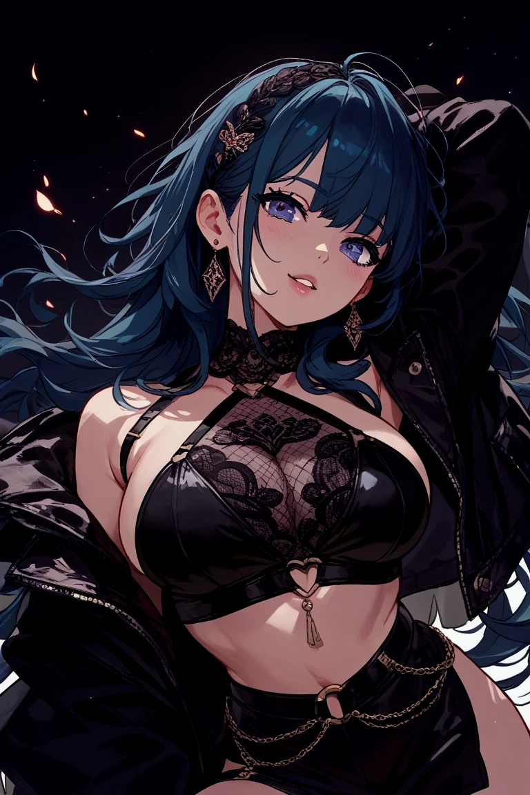 Muscular Anime Girl, Body Muscle, Large Breasts, Cleavage, Muscle Tone, Muscle Definition, asymmetrical hair, jewelry, multicolored eyes, cowboy shot, VictorianPunkAI