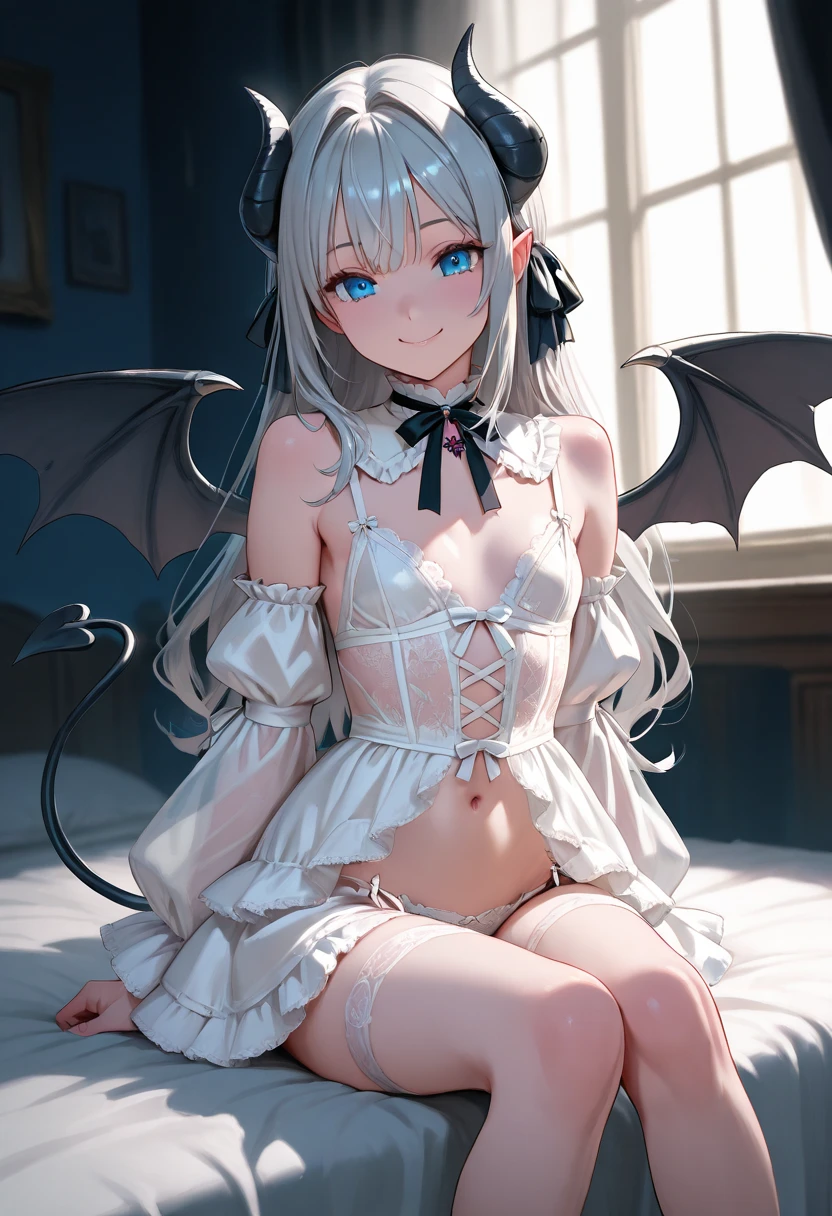 masterpiece,1girl,solo,cat ears,twintails, hair over one eye, demon_wings,small breasts, blue_eyes, <lora:janusHalloween-000004:1>, blush,open mouth, low wings, torn legwear, black thighhighs,