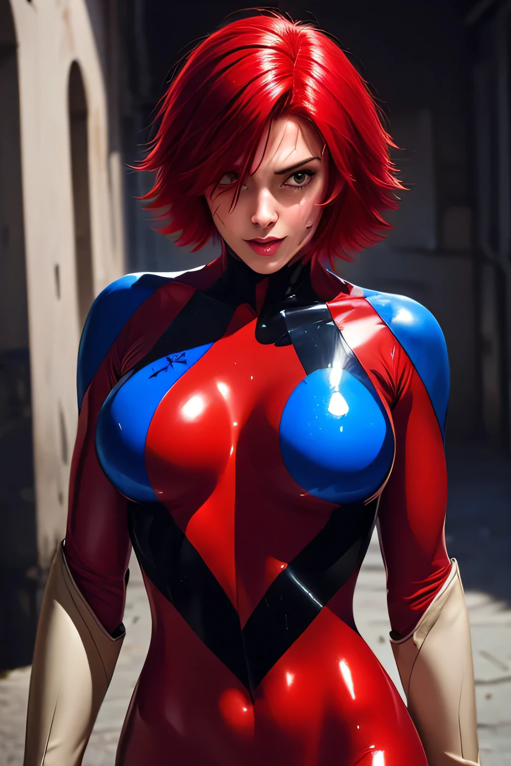 Hyper realistic super detailed sexy Izayoi Aki, Very detailed, expressions faciales sexy, seductive facial expressions, [:(Face detail: 1.4): 0.4], 16K resolution, 4k resolution, dinamic lighting, High definition resolution, (hyper realistic: 1.4),(contrasting background: 1.5), (Anatomy of the hyperrealistic arm), (Hyperrealistic anatomy of the legs), (peau propre), (lighting cinematic: 1.7), (intime), (Technologie NVIDIA RTX Ray Tracing), (Anatomy of the hyperrealistic arm: 2), (Ventre plat parfait), (image couleur), Izayoi Aki, breasts, cleavage, blush, medium breasts, pov doorway, door, doorway, bangs, looking at viewer, collarbone, phone, solo focus, indoors, sweat, no bra, cellphone, Izayoi Aki, bikesuit, bodysuit, choker, large breasts, unzipping, open bodysuit, gloves, yellow eyes, looking at viewer