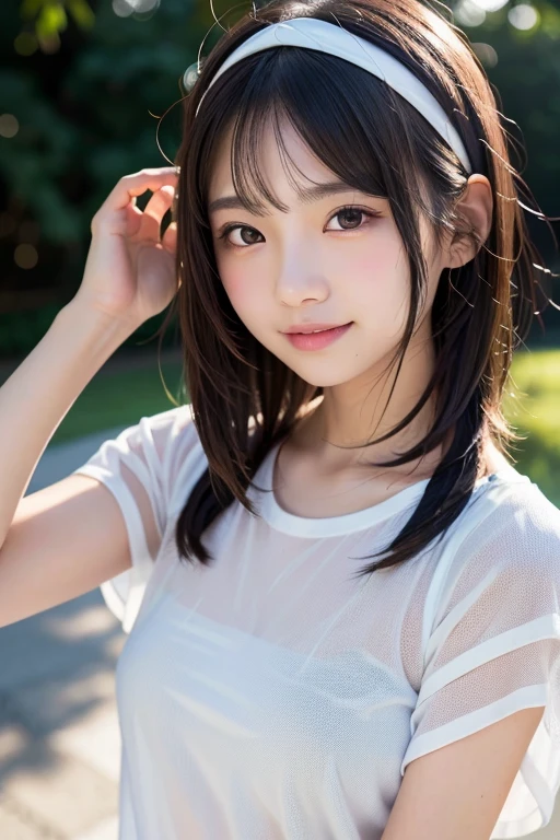 masterpiece, Best Quality, 8K, 1girl, good hand, 14 yo, lively, active, life force, luminescence, Looking away, Raw photo, F/1.8, 135 mm, NIKON, Anatomically correct, bokeh，Textured skin, Professional Photography, Portrait, Soft light, Professional Lighting, Solo, (Smile), Cute, Girly, Digital SLR, Film grain, (Eyes and faces with detailed:1.0), 8k wallpaper, bangs