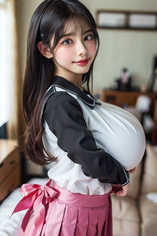 ((22 y.o girl in a black (see-through:0.9)apron)), (kpop idol), sitting on the floor, ((dynamic pose)), pale skin, (((natural breasts, big breasts))), (aegyo sal:1.1), (narrow waist), long((low twintails)), brown-hair, ((puffy eyes)), looking away, smiling, sexy, bangs, doorway, porch, indoors, public, (Bokeh), ultra-detailed, best quality, ultra high res, (NSFW:1.05),