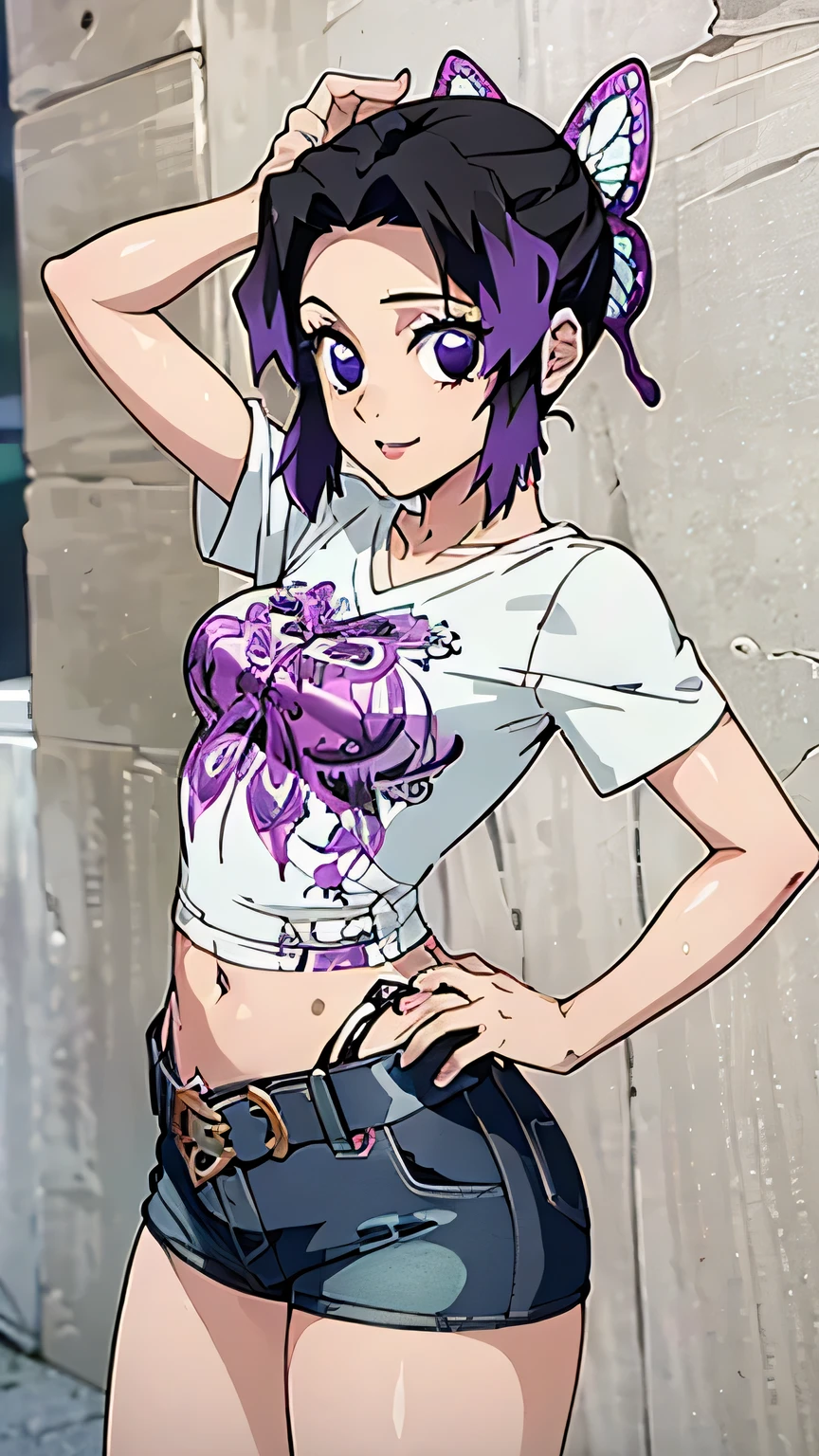(masterpiece, best quality, high resolution, 8k:1.2), (anime coloring:1.2), 1girl, high resolution, unity 8k wallpaper, (beautiful detailed eyes:1.2), extremely detailed face, perfect lighting, extremely detailed CG, beautiful eyes, perfect eyes, detailed eyes, distinctive big highlights, symmetrical eyes, Purple Hair, Short Hair, (large butterfly hair clip), Pretty Parted bangs, purple eyes, narrow eyes, (slim:1.3), (small medium breasts:1.2), 
(cowboy shot:1.2), (sexy pose:1.2), (perfect hands, perfect anatomy), solo,  nffsw, (pattern shirt, t-shirt, denim shorts, belt), (street corner, summer sky), (smile:0.8), looking at the viewer, in the center of the image, (cowboy shot:1.2), dutch angle,