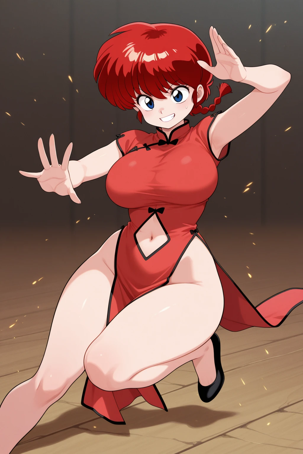 Ranmachan, Red hair, Braided hair, blue eyes, detailed eyes, crawling on the floor, Costume】【cosplay】More Revealing Sideless China Dress, jumping for happiness, happy face, opening your legs