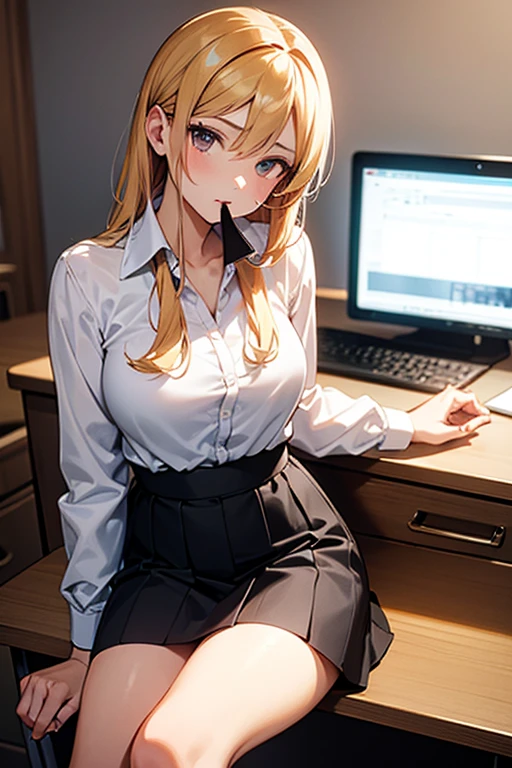 (official art、highest quality、Unity 8k wallpaper、32K、masterpiece、super detailed、超high resolution、realistic、Photoreal:1.2)、(cinematic lighting:1.2)、fire glow effect、film grain、best shadows、rim lighting、side light、(Super detailed and complex 3D rendering)、Background like Makoto Shinkai、detailed beautiful face and eyes、(Beautiful and sharp pupils)、masterpiece, high resolution、highest quality, ultla highres, maximum resolution, very detailed, professional lighting, beautiful skin, 28 year old woman、very pretty、OL、At work in the office、desk、(Tight Skirt、sit in a chair、deskの下から、Spread your legs a little and show off your panties:1.4)、pc、bright hair color、blonde、bangs、dull bangs、Office Lady、(squint your eyes、grinning、ridicule、lure)、deskの下からのアングル、(((Precise human body structure、Correct and accurate number of limbs、Correct and accurate number of fingers)))