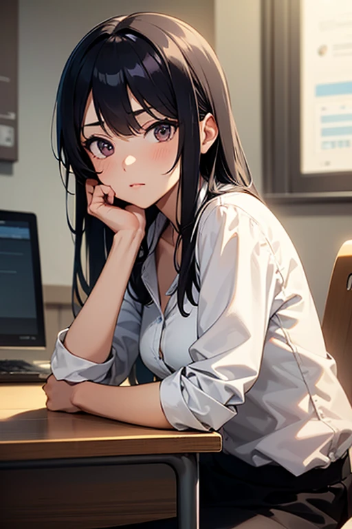anime style, super fine illustration, highly detailed, dynamic angle, beautiful detailed, 8K, At night, in a dark room, Blake. A woman sits in front of her computer, unable to sleep. BREAK She is wearing a headset with a microphone and holding a video game controller, BREAK She is playing a awesome game.涙を流す,coffee
