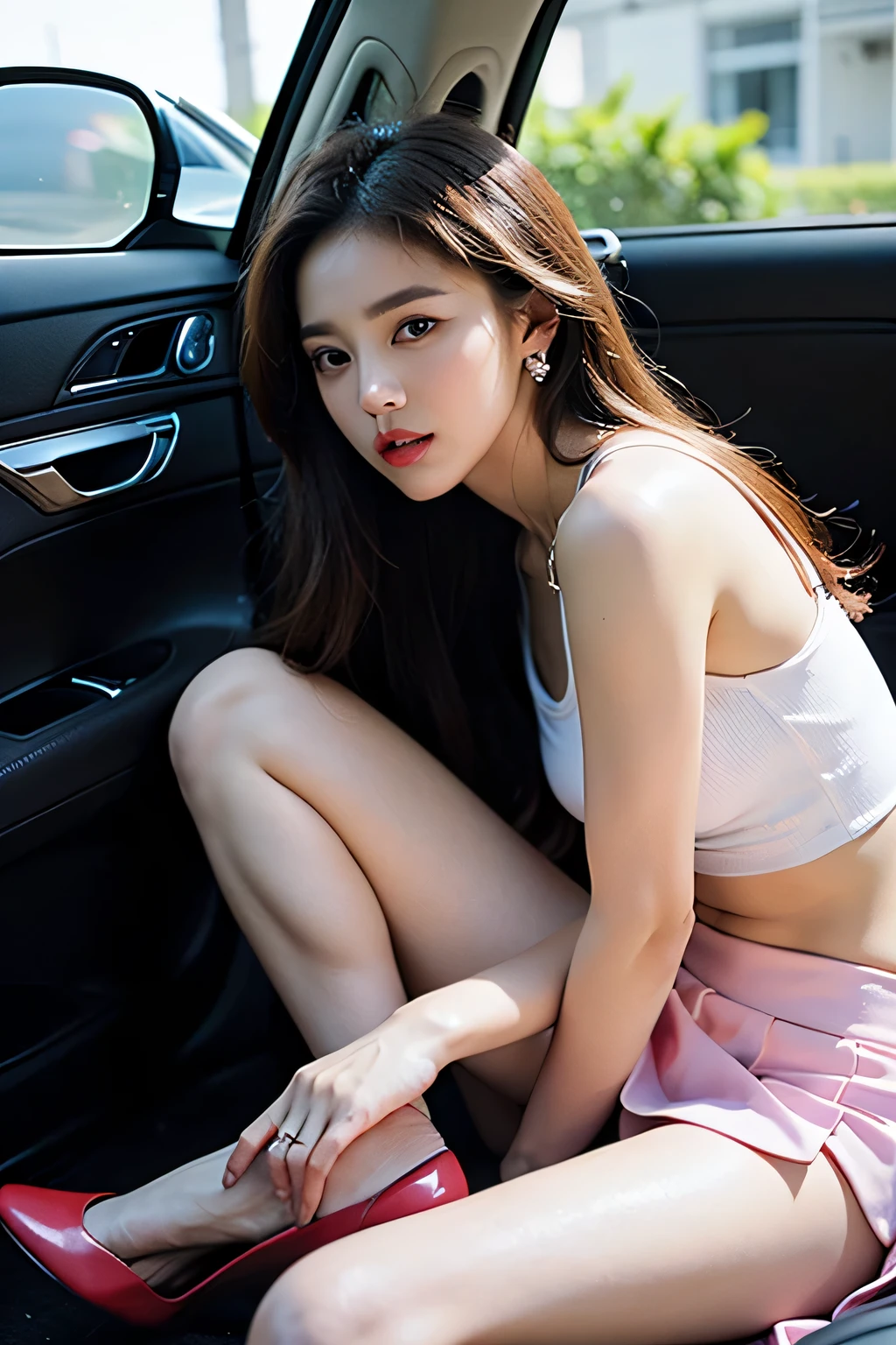 (masterpiece:1.3), (8 thousand, realistic, RAW photos, best quality: 1.4), (1 woman),(((A sexy woman in a short skirt and suit is sitting in the driver's seat of a luxurious convertible sports car.))), (((The driver's side door is open))), (((하체에 짙은색 realistic 불투명한 커피색 panty hose 신고 : 1.3))), (Stockings on both legs), (((Small paws))), (((Beautiful, small feet wearing stockings and high heels.))), ((full body shot))), (((in a ruined city))), (((Beautiful makeover))), (((very slim and beautiful body))), (((Realistic and very beautiful face))), (((long eyelashes))), (((double eyelid))), (((Very beautiful eyes, realistic and delicate))), (((big bust))) , (((Strong body through exercise))), (((beautiful abs))), (((Beautiful heaps))), (((tall))), (((brown hair, parted, long hair:1.3))), (아름다운 parted스타일), (((realistic and beautiful skin))), (((absurd))), (((attractive))), (((long hair를 뒤로 묶고))), (ultra high resolution), (((extremely realistic))), (((very detailed))), (((golden ratio))), (((Two long, realistic and beautiful legs))), (((realistic and beautiful arms))), (necklace), (earring),(beautiful nails manicure), (((So beautiful and sexy))), (((high nose))), (((small nostrils))), (((beautiful mouth))), (((seductive lips))), (((big bust)))