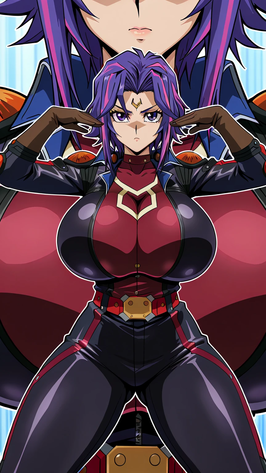 carreravi, 1girl, solo, shoulder armor, cape, armlet, skull, halterneck, elbow gloves, thigh boots, smile, cleavage, black background, magic circle, 1990s (style), retro artstyle <lora:carreravi_V2-10:0.7>