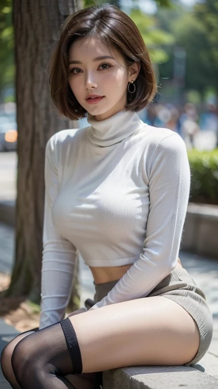 (8K, 超A high resolution, Best quality, masutepiece:1.2)、RAW portrait of japanese girl、超A high resolution、top-quality、 (huge-breasted,:1.5)、｛a skirt:1.5｝、(wear a  turtleneck:1.5)、(hand to hip:1.6)、(In the street:1.2) Break (Natural skin texture、Detailed skin、Hyper-realism、ultra-sharpness)、intricately details、depth of fields、Sexy adult woman、short black straight hair、((tmasterpiece、top-quality、high detal))、(Photorealsitic:1.4)、独奏、Keep one's mouth shut、Smile happily、largeeyes、Distinct double eyelids、eyeslashes、Long neck、Absolute area、Clean collarbone、face perfect、Thin lips、a small face、(Gaze towards the viewer、highlights in the eyes、Light brown eyes、Gloss on lips)、(From the side:1.5)｛pull、head to toe、Show your whole body:1.2｝ negative　The maid's clothes　Show your　Showing the whole body
female
