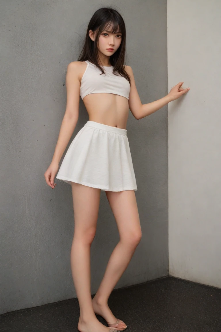 highest quality,masterpiece,Ultra-high resolution,Original photo,Ultra-high resolution,Beautiful woman 25 years old,Ultra mini skirt,Clothing from the Heisei era in Japan,Long legs:1.5,Full Body,Flashy makeup using red eyeshadow,Big smile,Short cut with subtle side waves,whole body,Gray background,White bra,White panties