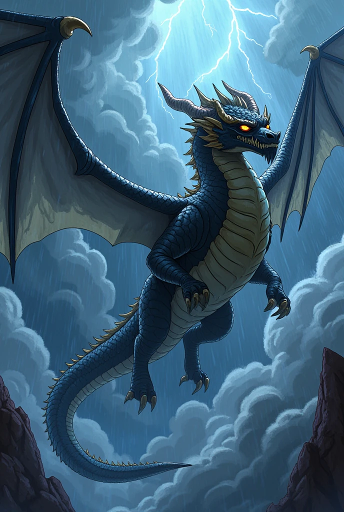 3D anime wide angle dragon black crystal golden eyes flying on sky rain lightning aggressive