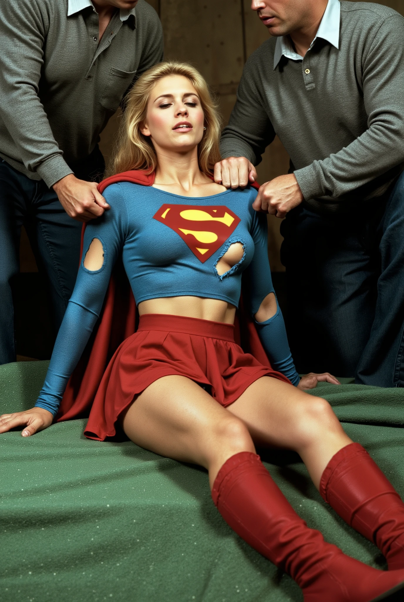 Helen Slater as supergirl、Adorable beauty with long blonde hair, she is wearing long-sleeved blue tight-fitting clothes, In the chest "S" emblem、short pleated red skirt、tall red boots , and a long red cape.
((Supergirl has her costume torn apart by two men、torn、of a group have their eyes closed、is panting with her mouth open、Feeling Ecstasy、))、.High Definition