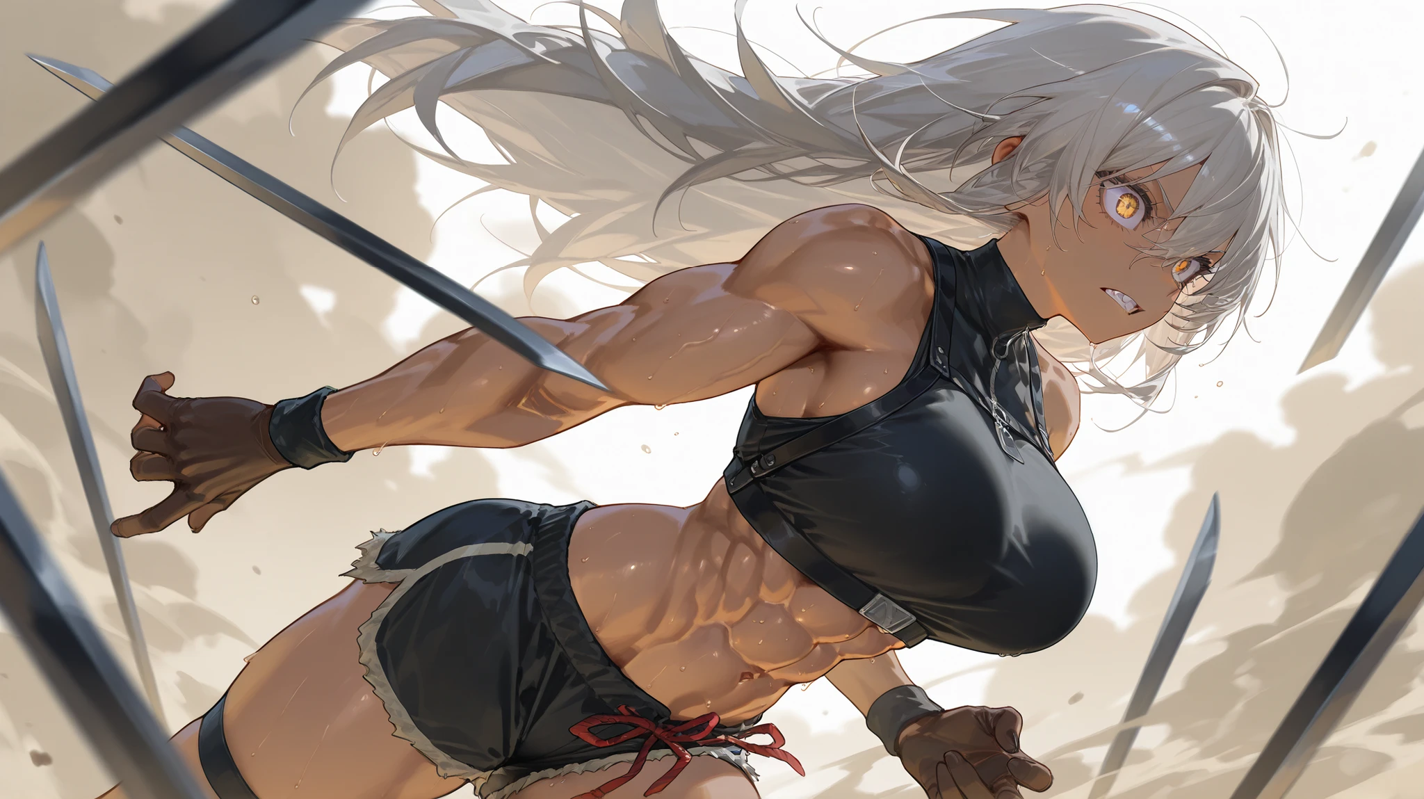 blonde wavy hair、cute anime face、thick thighs、8k、4k、highest quality、(High resolution:1.6)、noise reduction、((glowing green eyes、high detail eyes:1.5、Sweat、blush、open your mouth))、(SFW huge body:1.3)、(white calvin klein thong、high leg cut)、(Rear view、A song that bites into your butt:1.5、emphasize the buttocks)、(whole body muscles:1.5)