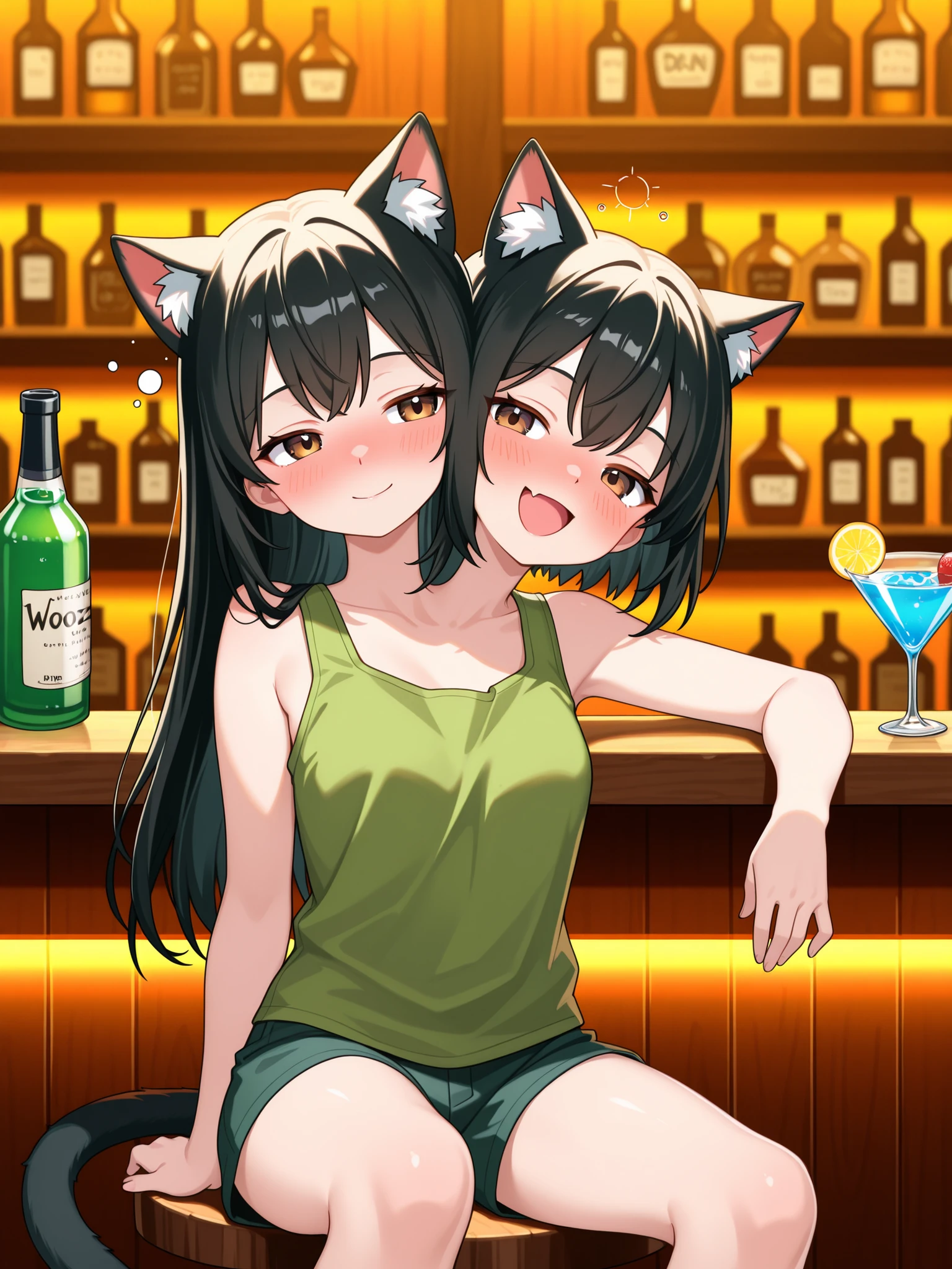 two heads, anime catgirl with two heads, cat ears, black hair, left head has long hair and right head has short hair, brown eyes, cat tail, drunk, woozy, happy, closed mouth, open mouth, green tank top, sitting at a bar, cocktail