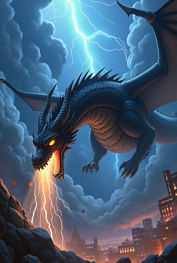 3D anime wide angle dragon black crystal golden eyes flying in the sky, rain, lightning, aggressive, throwing lightning out of the mouth, destroying houses to destruction