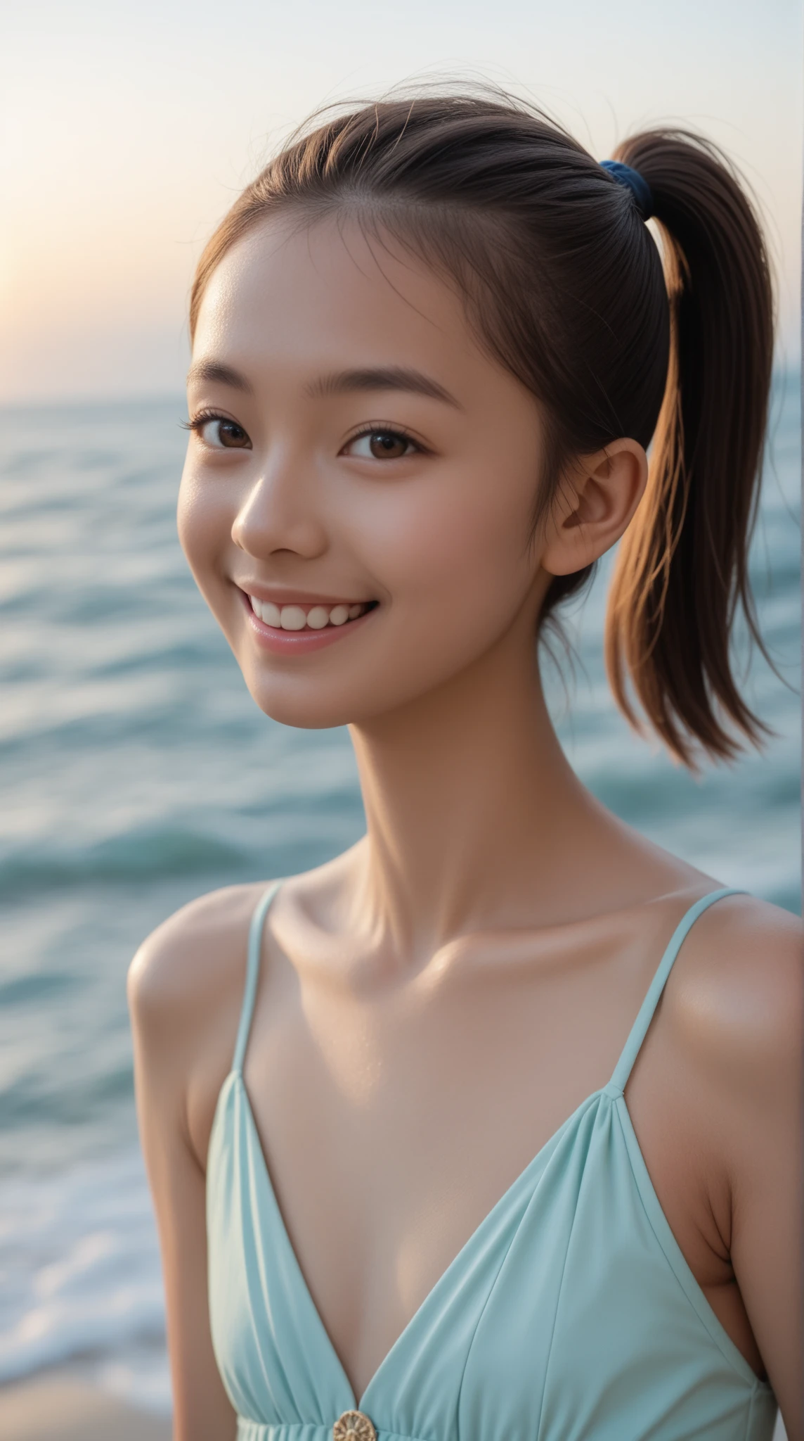 1 pretty girl,white skinned,brown hair,looking at viewer,pony tail, happy smile, sports, bikini