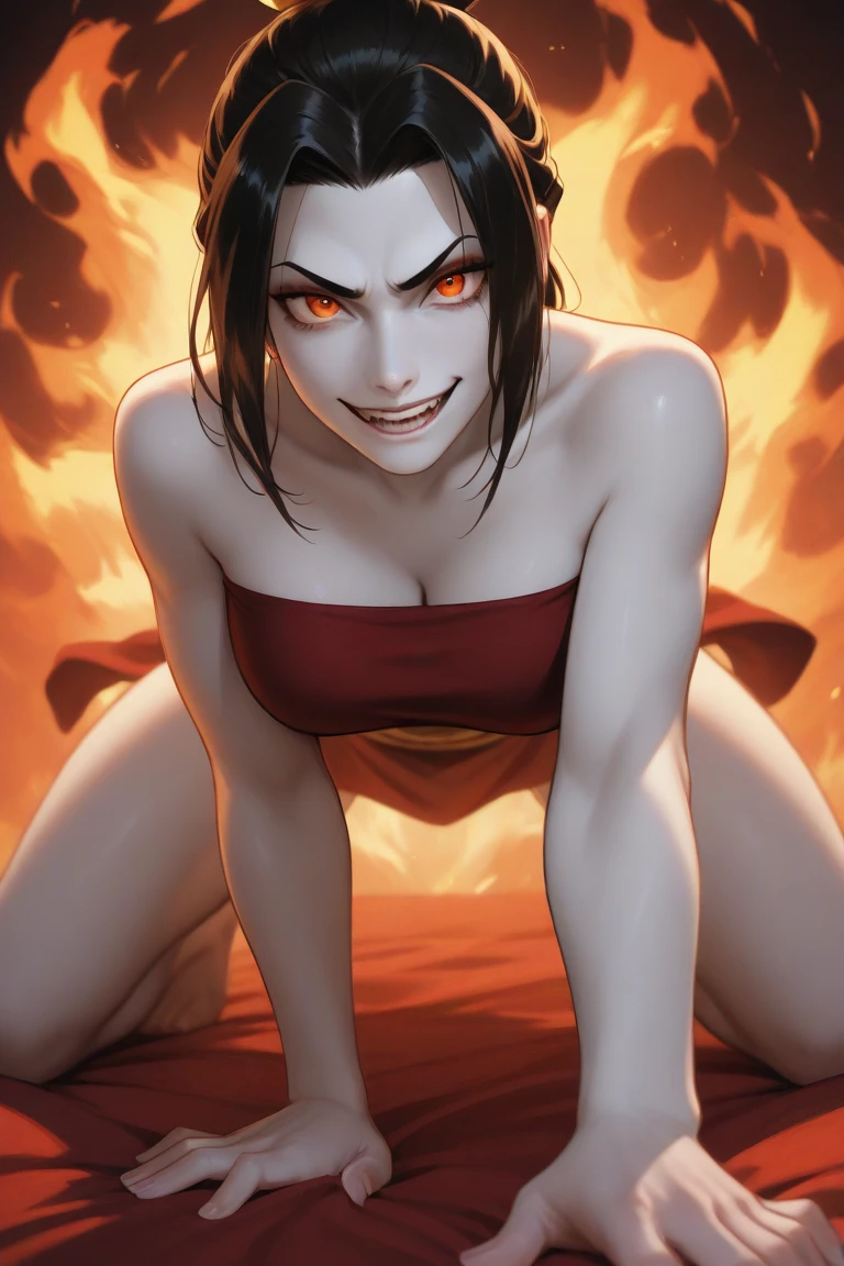 masterpiece, best quality, 1girl, azula, makeup, décolleté, (black bikini), sitting on a throne, red throne, legs apart, lipstick, looking at the viewer, fire, simple background