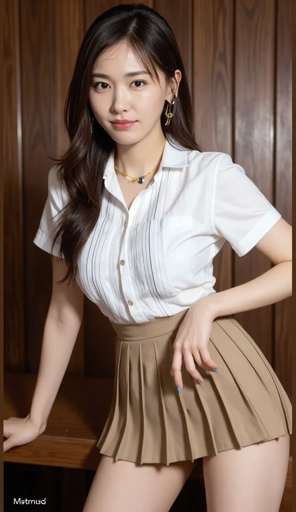 (1 Korean star with royal sister style), ((Best quality, 8K, 巨作: 1.3)), focal point: 1.2, Perfect body proportions: 1.4, (Make a smile), (Ray traching),Watery eyes, Highly Detailed Face and Skin Textur, Fine eyes, Double eyelids, (scenecy:1.3),Whitens the skin, (Big wavy hairstyle: 1.3), (face round: 1.5), (pleatedskirt: 1.4), (black lence stockings: 1.4),(film grain style:1.3),a sense of atmosphere,(Beauty breasts)