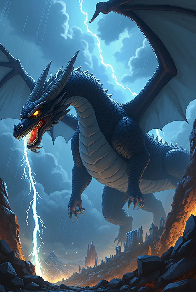 3D ANIME PICTURE WIDE ANGLE DRAGON BLACK CRYSTAL GOLDEN EYES FLYING ON SKY RAIN LIGHTNING AGGRESSIVE THROWING LIGHTNING OUT OF MOUTH DESTROYING BUILDINGS RUIN