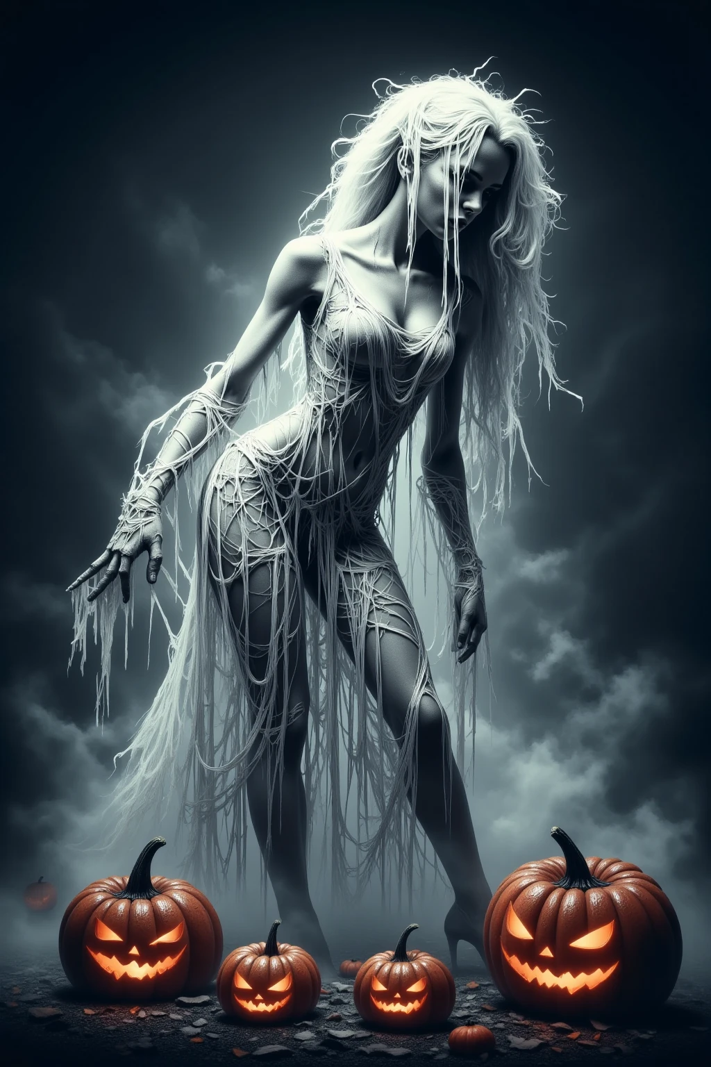 (ghost, spitits), ghostdarksouls, young woman, medium shot, (palms pressed against canvas) ghostly body, tattered ghostly clothes, (detailed clothes), ghost in background, spirit energy, trapped in a haunted oil painting, hyperrealism, ghostly, trapped, (panicking, screaming), peter mohrbacher, pierre terblanche, trending on artstation