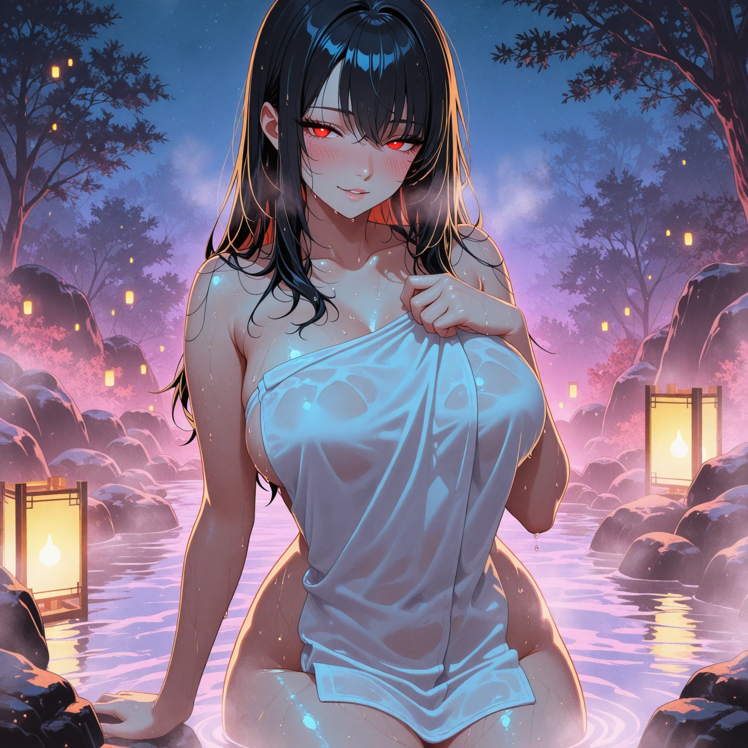 (All nude,pussy,gleamy wet skin),sexy smile,orgasm,butts focus,
((topless,medium ,pink nipples out,cleavage)),(beautiful elegant white panties),
((panty shot)),((lifting skirt)),((white panties focus)),Vulgar,low angle,from below, cleavage,(( looking at the viewer)),
(looking back at the viewer),full body,low angle,from below,♥(one piece swimsuit),(bathing in the spa), ((1girl,cute,young,Semi long beautiful black hair,blunt bangs,beautiful green eyes)),(solo),((masterpiece, highest resolution,best quality)), ((realistic:1.5,Beautiful girl RAW photo)), (bathing in the spa), innocent smile,cinematic lighting,beautiful outside open spa, rocks,natural beauty,full moon,night sky