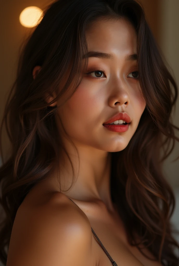 Asian young girl, straight hair, hair to chest, brown hair, brown eyes, masterpiece, best quality, high, attractive, masterpiece, wearing body dress showing cleavage, smiling, tanned, model, beautiful, beige bedroom backfround, cheek smile marks, tilting head, Taiwanese, only showing upper body and face from front, moody lighting, cute smile lines, glossy lips,((thick attractive lips)), dark room, dark tan skin, ready to go to party, dress, earrings, young girl, cleavage, (slim body)