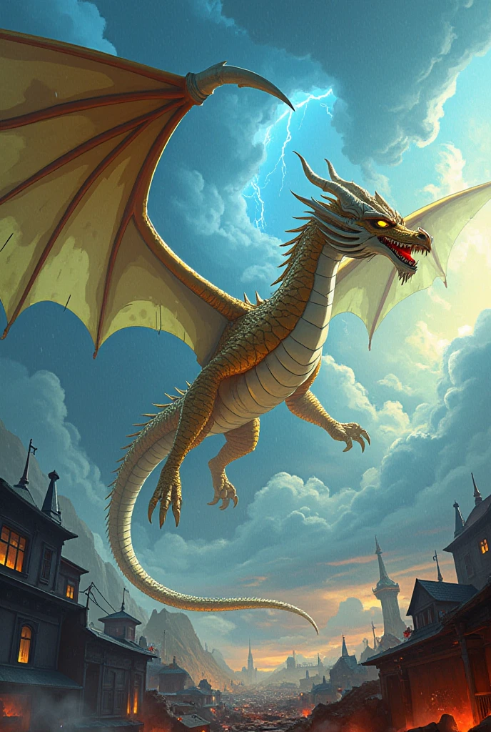 3D ANIME PICTURES WIDE ANGLE DRAGON CRYSTAL BLACK GOLDEN EYES FLYING ON SKY RAIN LIGHTNING AGGRESSIVE DESTROYING BUILDINGS RUIN